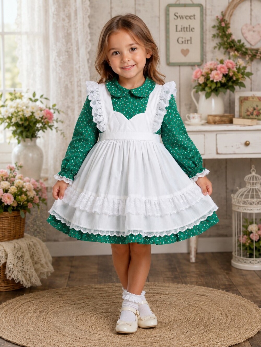 Vintage Bryan Girls Green Floral Dress with White Lace Apron Overlay Dress